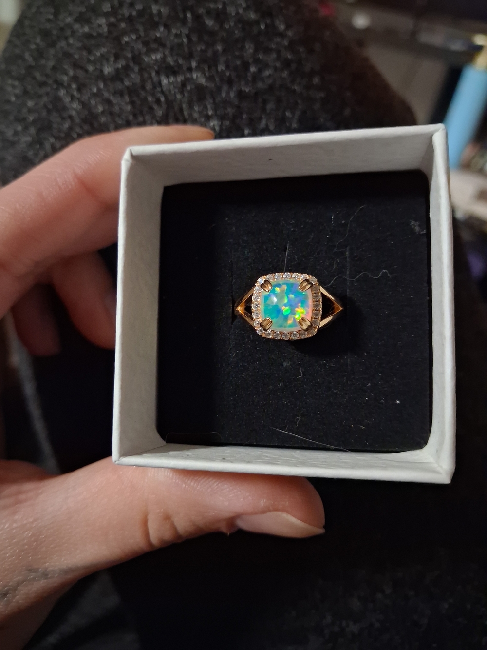 Rose Gold Opal Halo Ring - Iridescent Blue-Green Opal